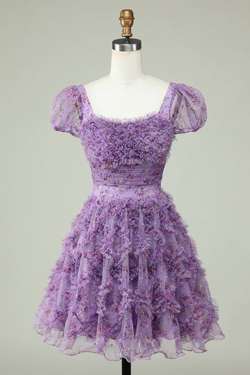 Floral A Line Purple Cocktail Dress with Ruffles